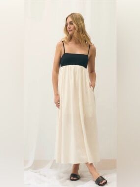 Abercrombie & Fitch Tieback Babydoll Maxi Dress in Cream Black Linen